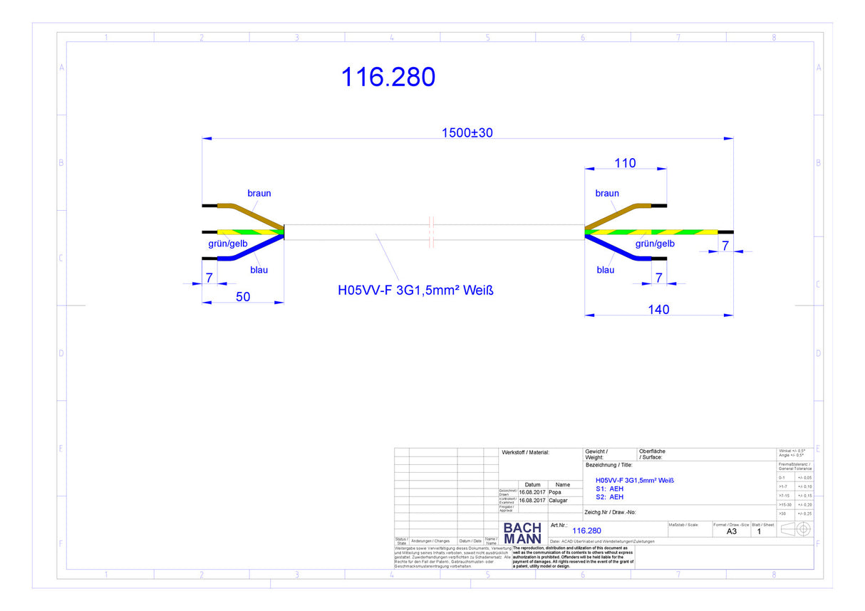 BACHMANN Herdanschlussleitung 1,5m 16A 116.280 5x1,5qmm ws IP20 Aderendh PVC
