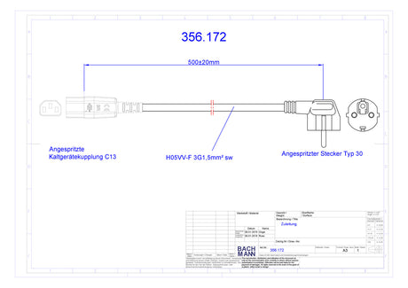 BACHMANN Netzanschlussleitung 0,5m 10A 356.172 3x1,5qmm sw IP20 PVC