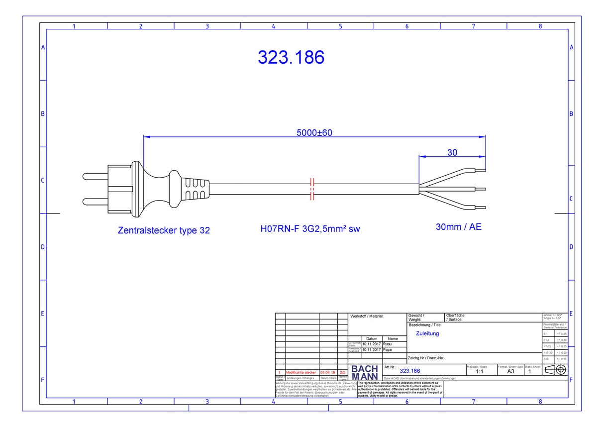 BACHMANN Netzanschlussleitung 5m 16A sw 323.186 3x2,5qmm IP20 Aderendh 0-70°C