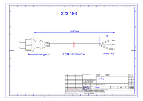BACHMANN Netzanschlussleitung 5m 16A sw 323.186 3x2,5qmm IP20 Aderendh 0-70°C