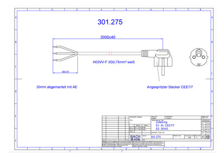 BACHMANN Netzanschlussleitung 3m 16A ws 301.275 3x0,75qmm IP20 Aderendh 0-70°C
