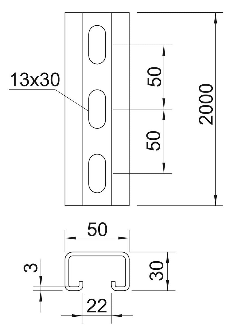 BETTERMANN C-Profilschiene ST 22mm D3mm MS5030P2000FT 2000x50x30mm Rück_gel