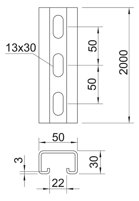 BETTERMANN C-Profilschiene ST 22mm D3mm MS5030P2000FT 2000x50x30mm Rück_gel