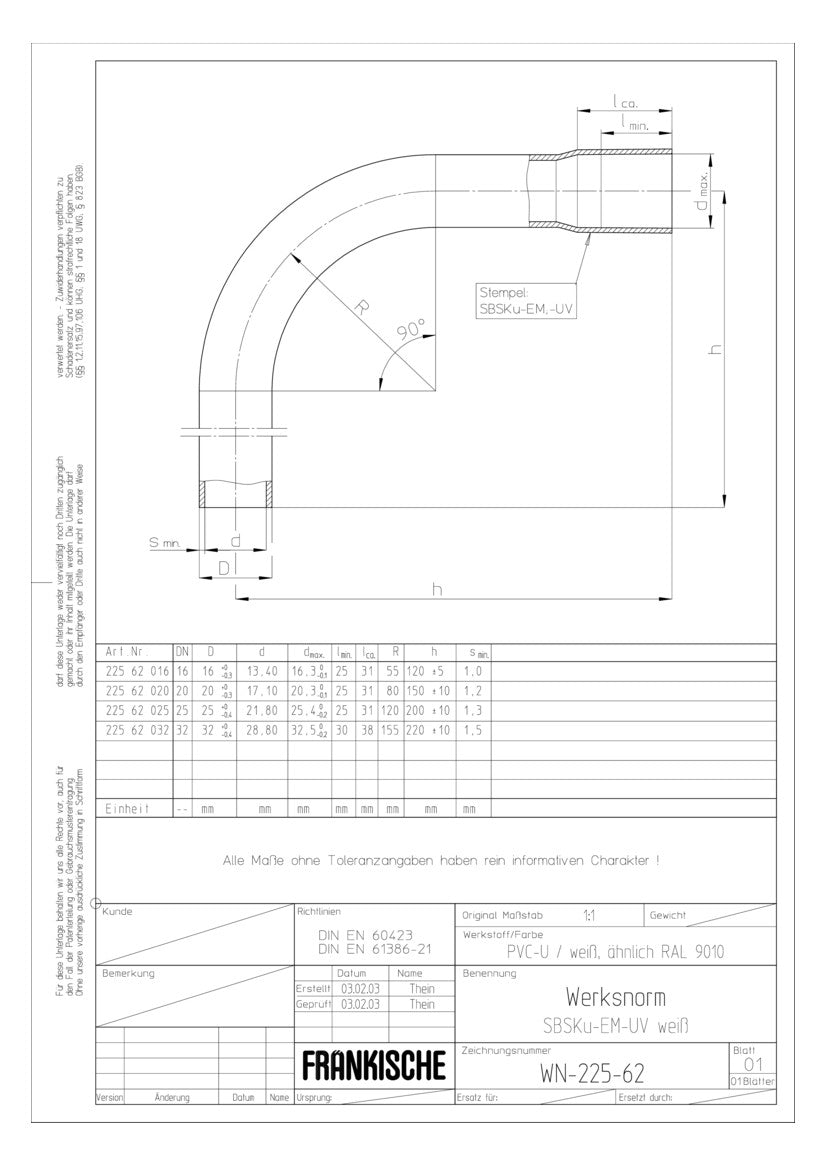 FRÄNKISCHE Steckbogen  20mm Kst unbeh ws SBSKu-EM-UV 20 weiß Muffe