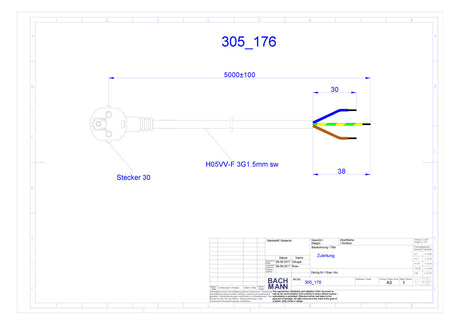 BACHMANN Netzanschlussleitung 5m 16A sw 305.176 3x1,5qmm IP20 Aderendh 0-70°C