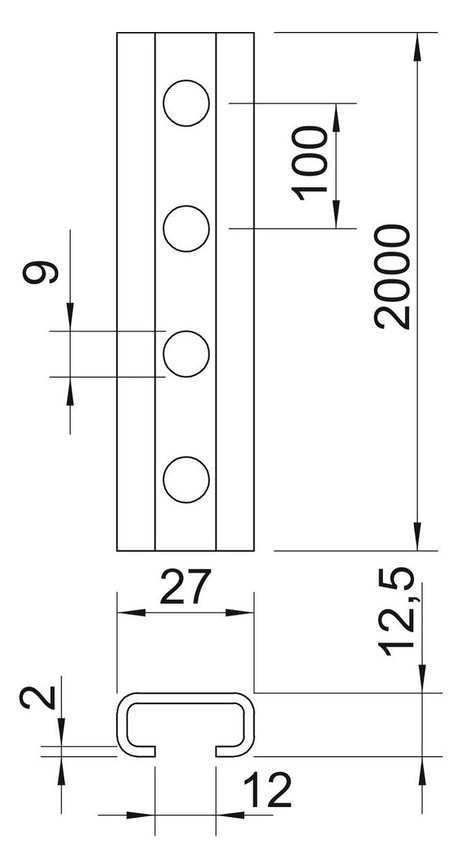 BETTERMANN C-Profilschiene ST 12mm D2mm CL2712P2000FT 2000x27x12,5mm Rück_gel