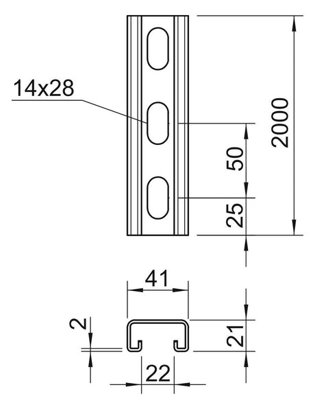 BETTERMANN C-Profilschiene ST 22mm D2mm MS4121P2000FS 2000x41x21mm Rück_gel