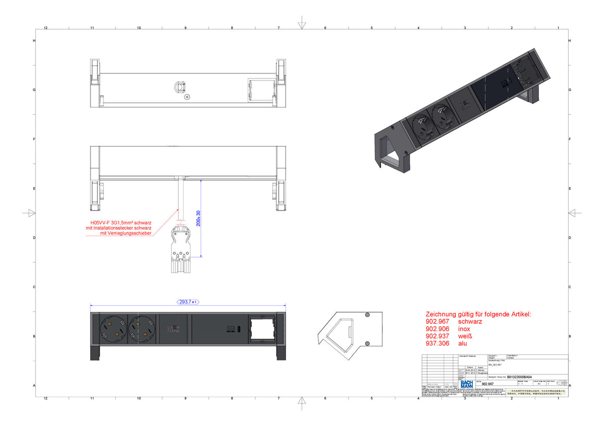 BACHMANN Steckdosenleiste 2f alu 1xUSB 902.937 0,2m 35° IP20 1,5qmm