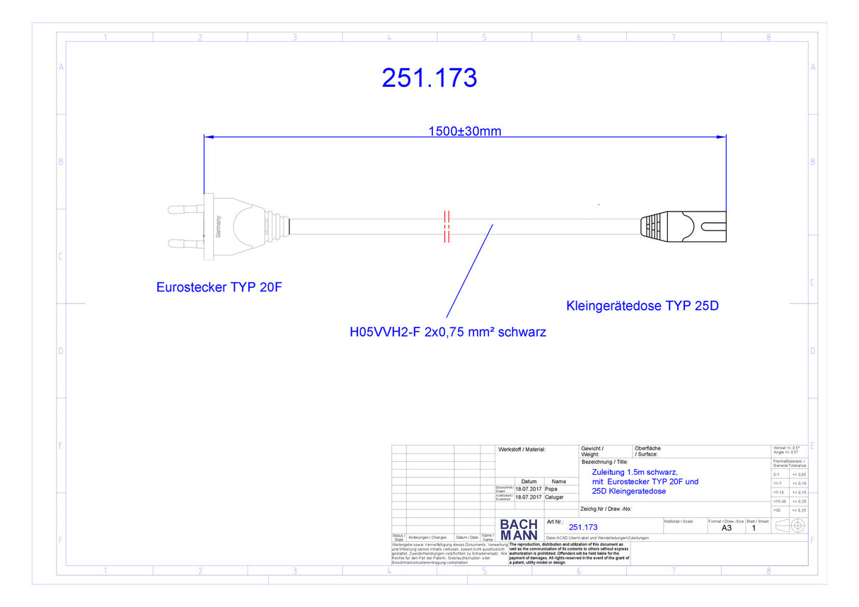 BACHMANN Netzanschlussleitung 1,5m 2,5A 251.173 2x0,75qmm sw IP20 Euro-Steck