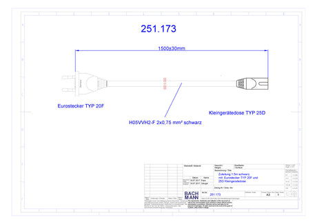 BACHMANN Netzanschlussleitung 1,5m 2,5A 251.173 2x0,75qmm sw IP20 Euro-Steck