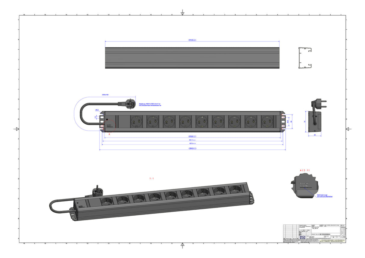 BACHMANN Steckdosenleiste 9f gr 2m 90° 300.001 IP20 1,5qmm