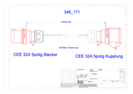 BACHMANN CEE-Verlängerung 10m 5x6qmm 32A 348.171 sw IP44 CEE-Steck CEE-Kuppl