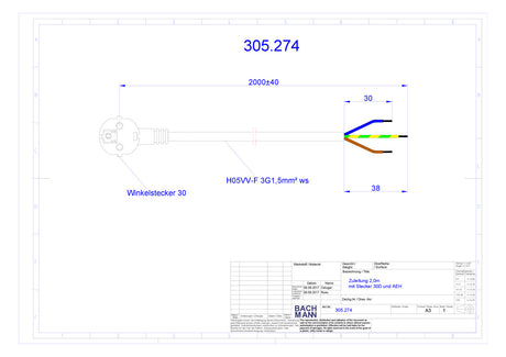 BACHMANN Netzanschlussleitung 2m 16A ws 305.274 3x1,5qmm IP20 Aderendh 0-70°C