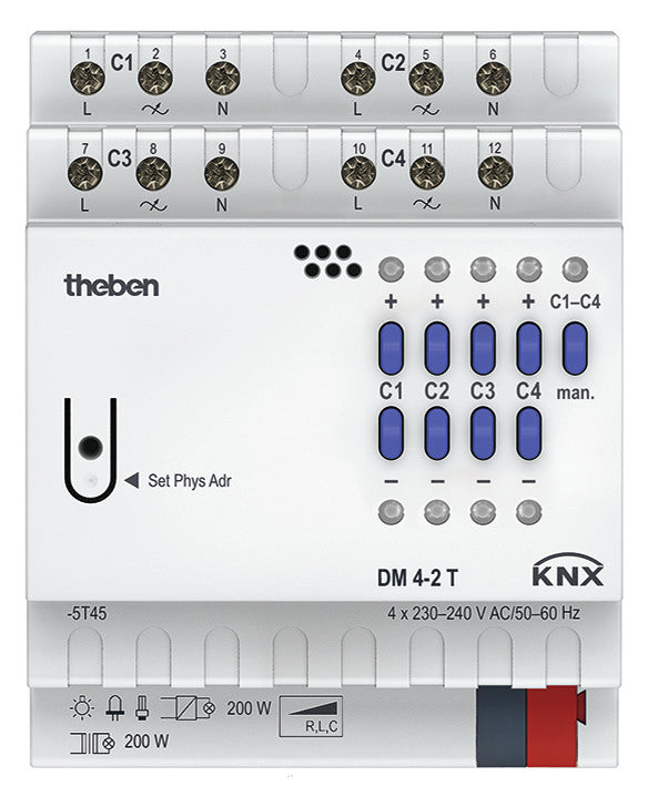 THEBEN Dimmaktor KNX 2-800W REG 4TE uni DM 4-2 T KNX Handbedien 4Ausg