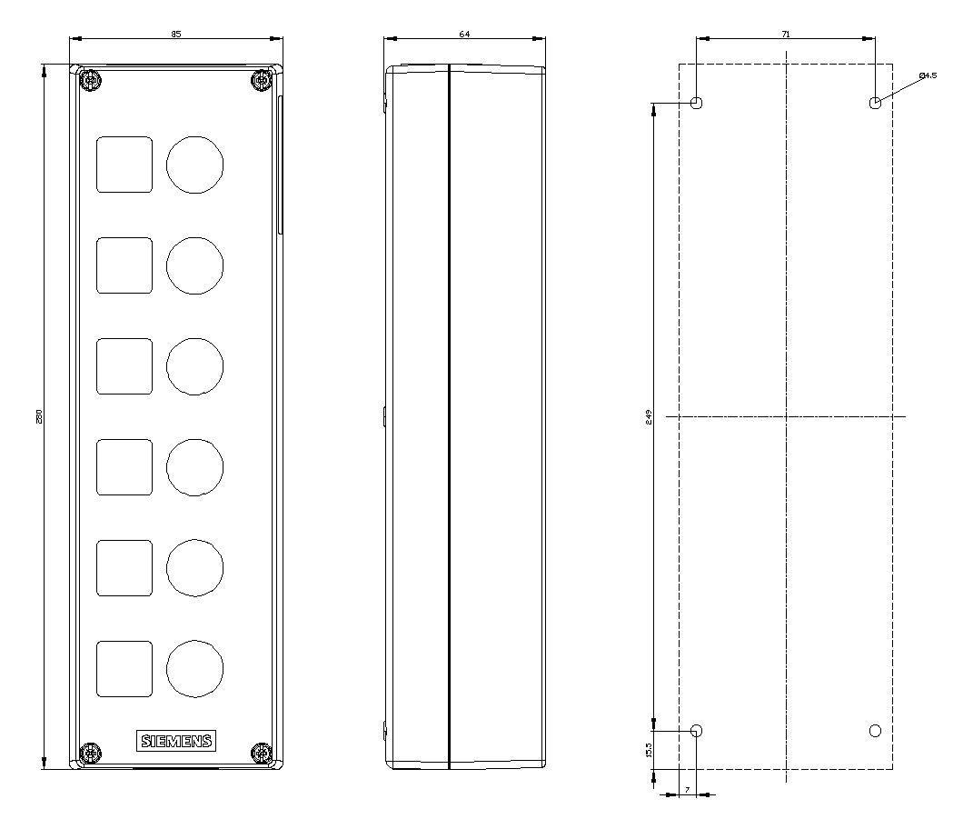 SIEMENS Aufbaugehäuse Kst  22mm IP68 3SU1806-0AA00-0AB1 85x280x63,8mm
