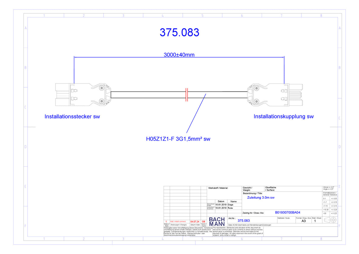 BACHMANN Verbindungskabel 3p H05Z1Z1-F 375.083 1,5qmm L3000mm sw