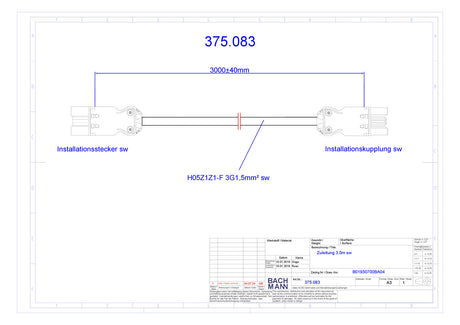 BACHMANN Verbindungskabel 3p H05Z1Z1-F 375.083 1,5qmm L3000mm sw