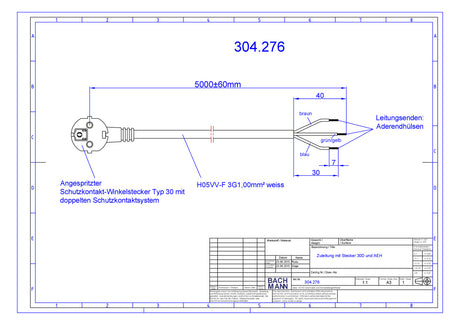 BACHMANN Netzanschlussleitung 5m 3x1qmm 304.276 16A ws IP20 Aderendh 0-70°C PVC