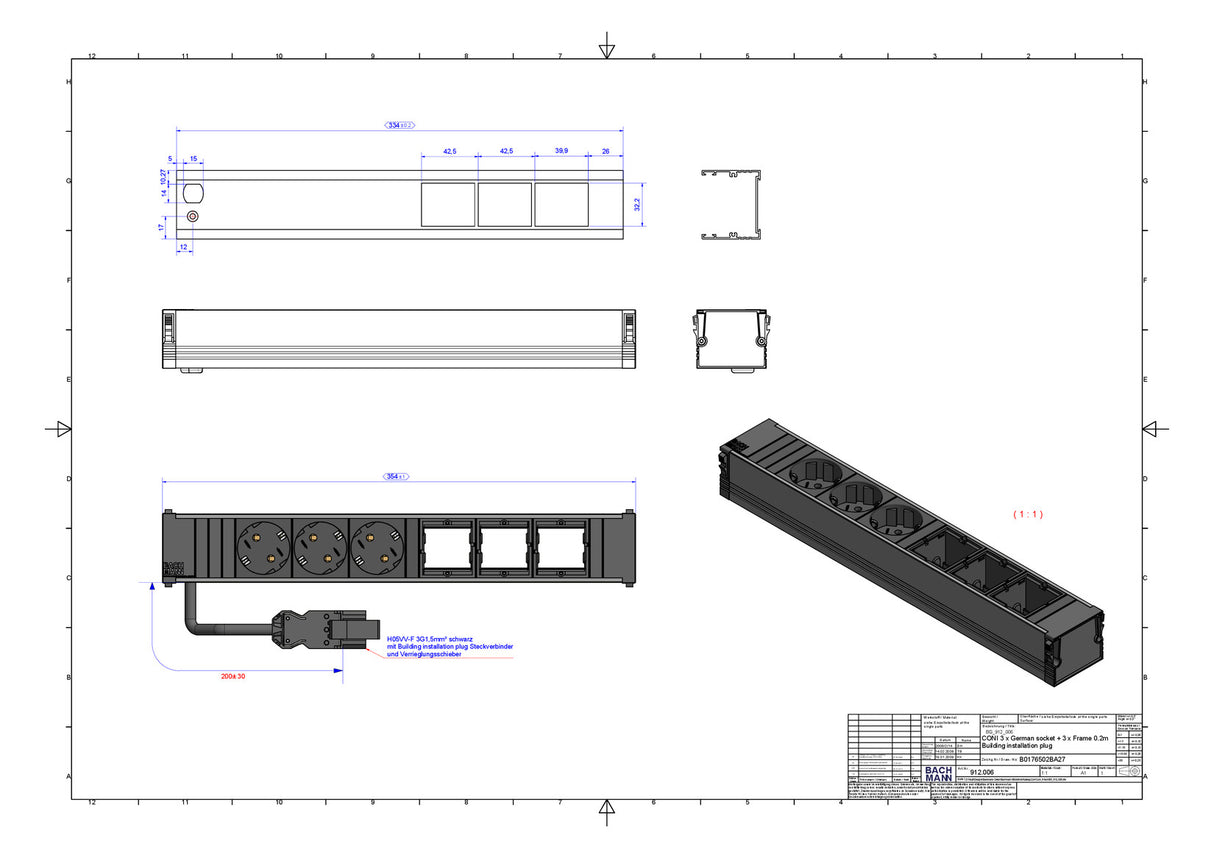 BACHMANN Steckdosenleiste 3/3f sw 0,1m CONI 912.006 35° IP20 1,5qmm
