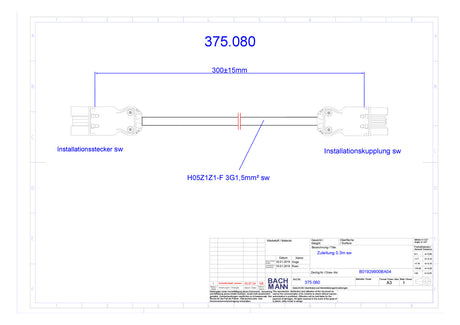 BACHMANN Verbindungskabel 3p H05Z1Z1-F 375.080 1,5qmm L300mm sw