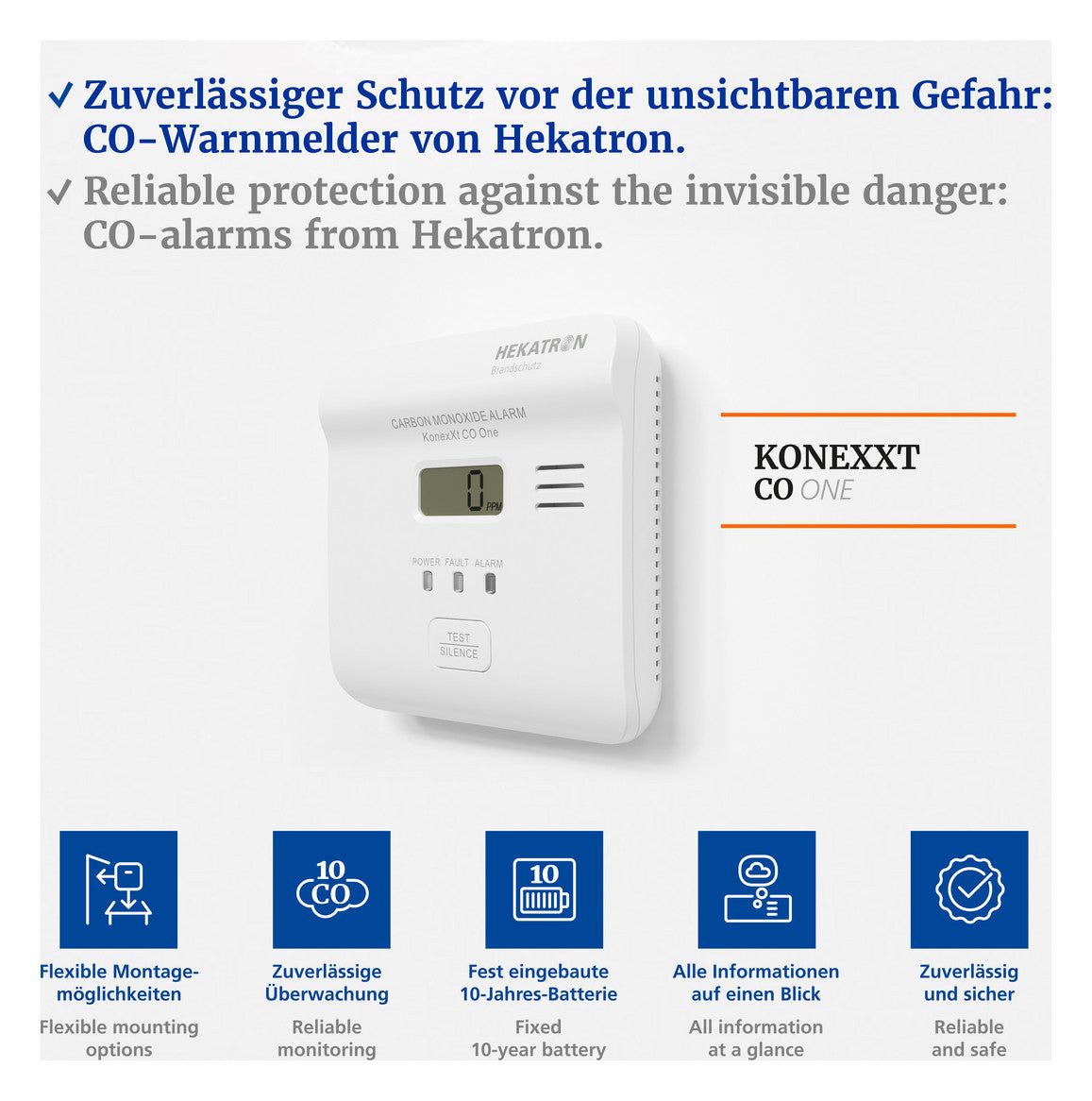 HEKATRON Kohlenmonoxidmelder 85dB autark KonexXt CO One m.Sockel Batt DC ws Aufb
