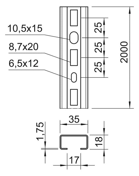 BETTERMANN C-Profilschiene ST 17mm CMS3518P2000FS 2000x35x18mm D1,75mm