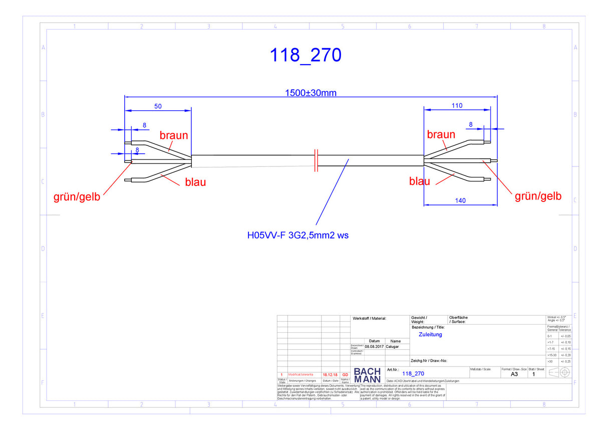 BACHMANN Netzanschlussleitung 1,5m 16A 118.270 3x2,5qmm ws IP20 Aderendh PVC