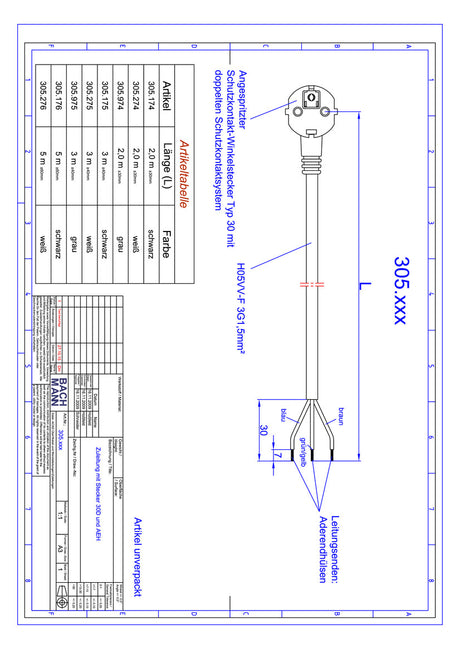 BACHMANN Netzanschlussleitung 5m 16A ws 305.276 3x1,5qmm IP20 Aderendh 0-70°C