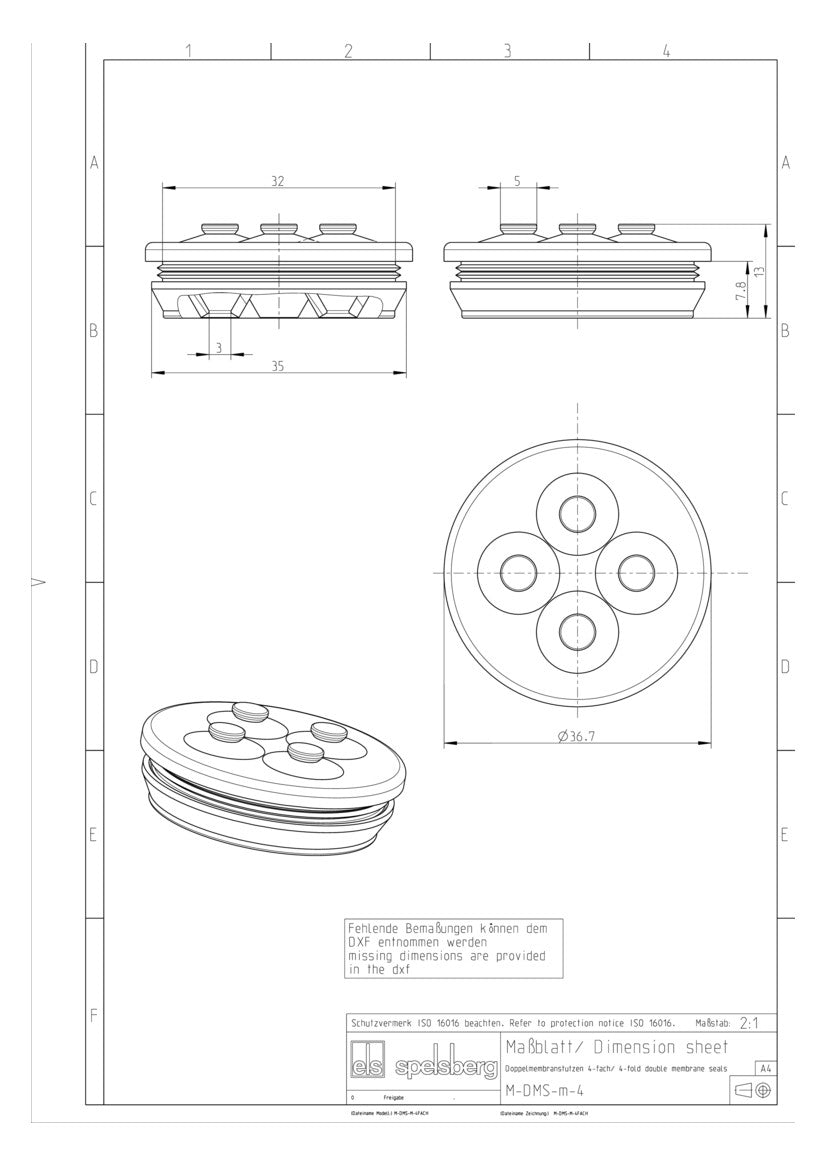 SPELSBERG Kabeleinsteckstutzen IP66 lgr DMS M32/4  32mm 3,5-6mm hfr geschl
