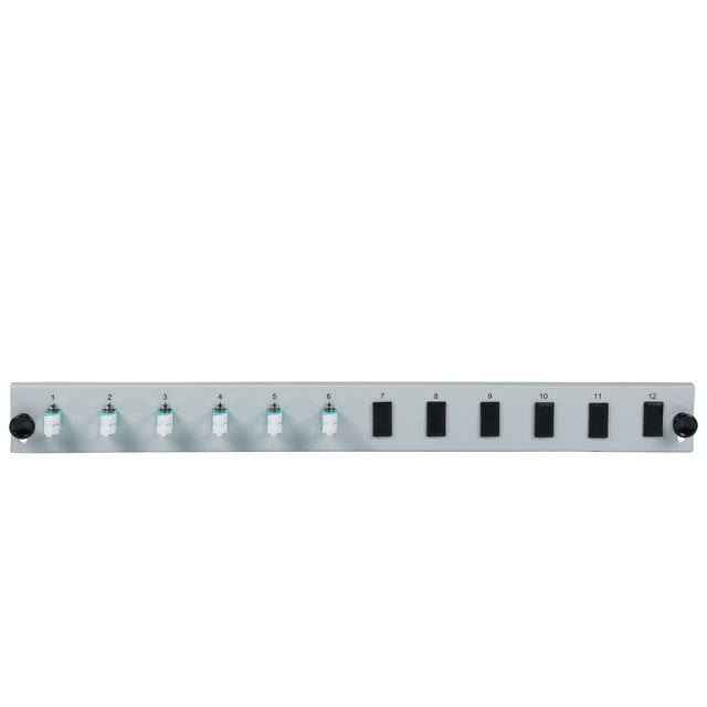 Bestückte 12 Port Frontblende mit 6 x LC Duplex Kupplung OM3 vertikal, grau - SB-FP-6SC-S-OM3