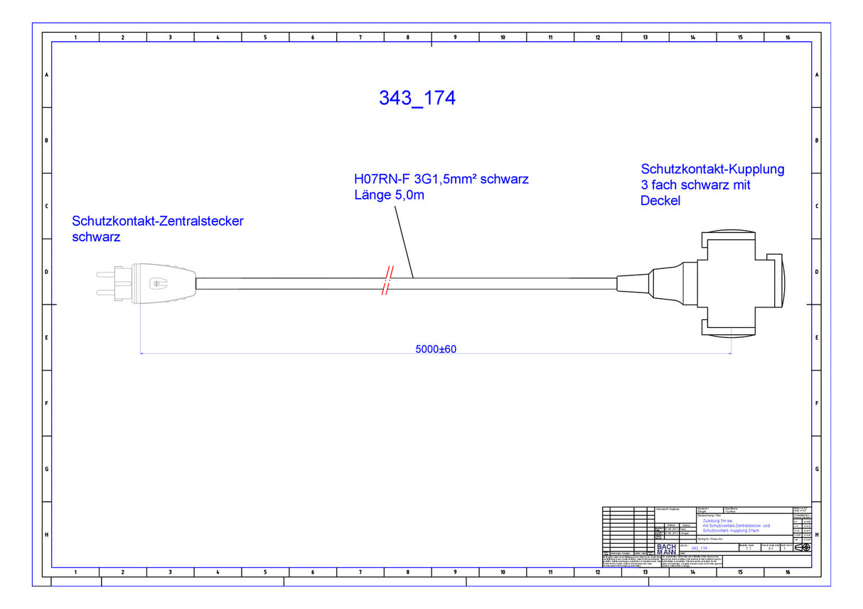 BACHMANN Netzanschlussleitung 5m 16A sw 343.174 3x1,5qmm IP44 Schutzk-Kuppl