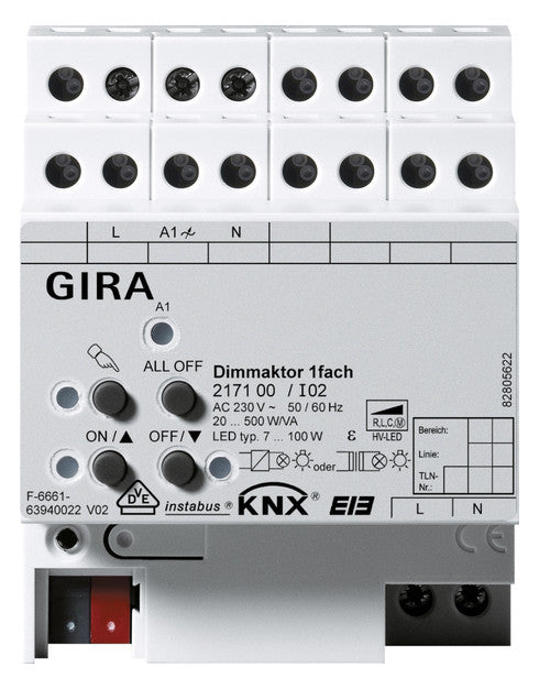 GIRA Dimmaktor KNX 20-500W REG 4TE uni 217100 Handbedien 1Ausg