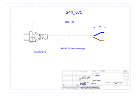 BACHMANN Netzanschlussleitung 3m 2x1qmm 244.875 10A or IP20 Profilstecker PUR