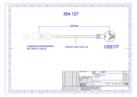 BACHMANN Netzanschlussleitung 2m 10A sw 354.127 3x1,5qmm IP20 PVC