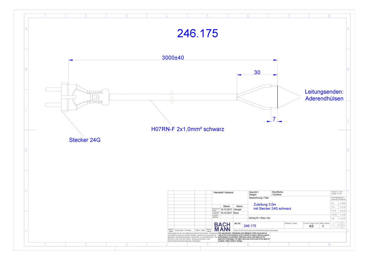 BACHMANN Netzanschlussleitung 3m 2x1qmm 246.175 10A sw IP20 Aderendh KontSteck