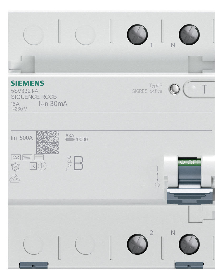 SIEMENS FI-Schutzschalter B 2p 230V 16A 5SV3321-4 0,03A 4TE REG 10kA 3kA/stoß