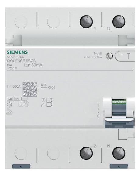 SIEMENS FI-Schutzschalter B 2p 230V 16A 5SV3321-4 0,03A 4TE REG 10kA 3kA/stoß