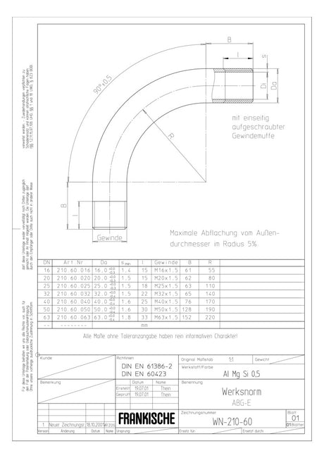 FRÄNKISCHE Alu-Gewindebogen  63mm unbeh ABG-E 63 Muffe hfr alu