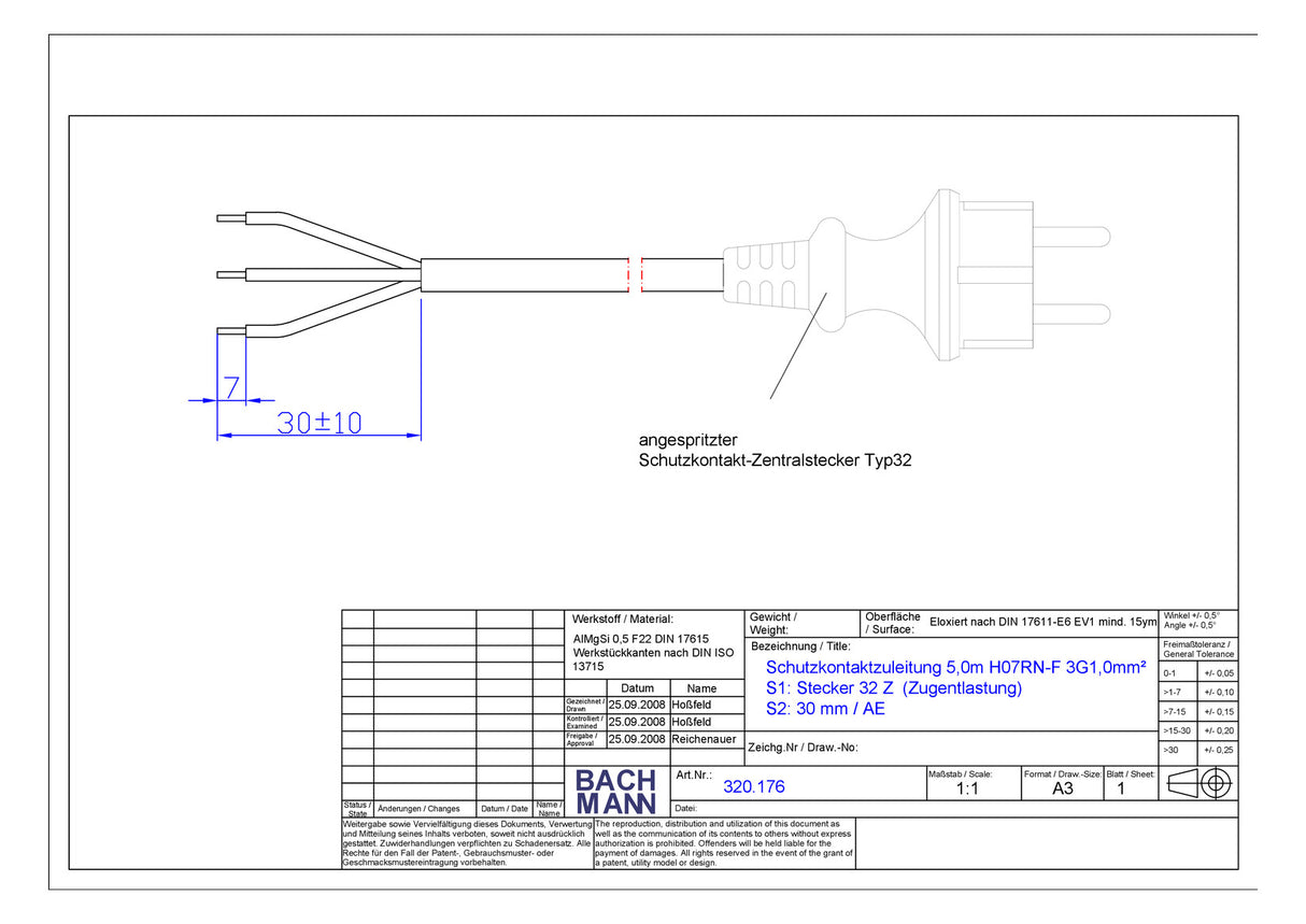 BACHMANN Netzanschlussleitung 5m 3x1qmm 320.176 16A sw IP20 Aderendh 0-70°C