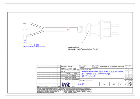 BACHMANN Netzanschlussleitung 5m 3x1qmm 320.176 16A sw IP20 Aderendh 0-70°C