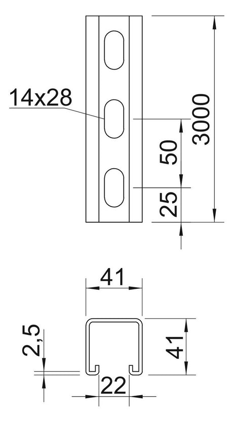 BETTERMANN C-Profilschiene ST 22mm MS4141P3000FS 3000x41x41mm D2,5mm