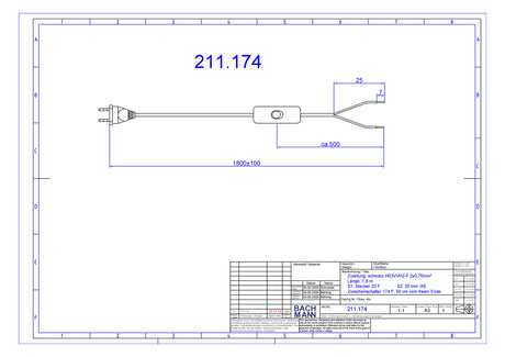 BACHMANN Netzanschlussleitung 1,8m 2,5A 211.174 2x0,75qmm sw IP20 Aderendh PVC