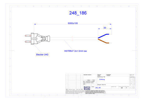 BACHMANN Netzanschlussleitung 5m 10A sw 248.186 2x1,5qmm IP20 KontSteck 0-70°C