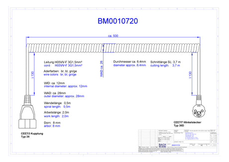 BACHMANN Spiralleitung 0,5m 3x1,5qmm 16A BM0010720 ws CEE7/4(Typ F) PVC