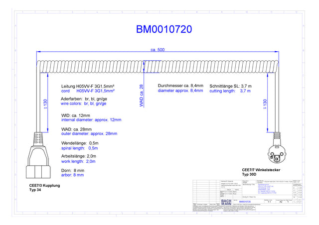 BACHMANN Spiralleitung 0,5m 3x1,5qmm 16A BM0010720 ws CEE7/4(Typ F) PVC