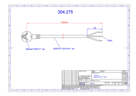 BACHMANN Netzanschlussleitung 3m 3x1qmm 304.275 16A ws IP20 Aderendh 0-70°C PVC