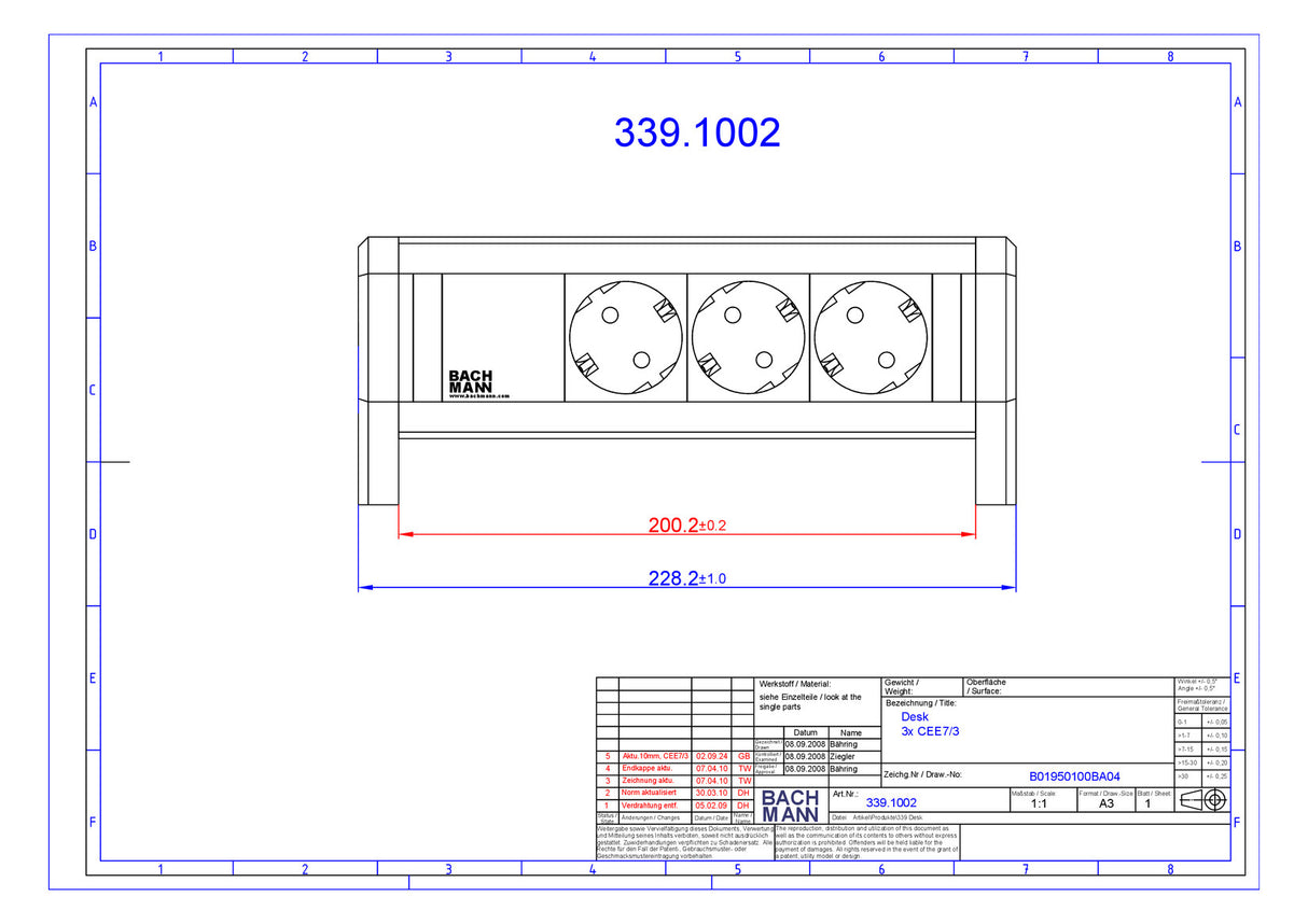 BACHMANN Steckdosenleiste 3f sw 35° IP20 DESK 339.1002
