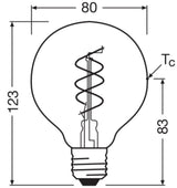 OSRAM LED-Kugellampe FM E27 G80 8W 2200K 1906 Globe 80 60 Spiral Fil DIM 8W go F