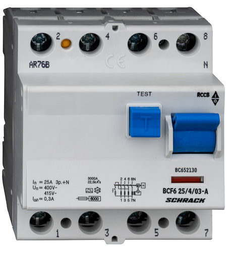 Foto: FI-Schalter 25A, 4-polig, 300mA, Typ A (Puls), 6kA