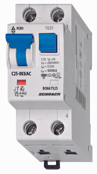 Foto: FI/LS-Schalter, Kennlinie C, 25A, 30mA, 1+N, Typ A, 6kA